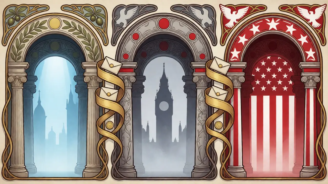 Tres arcos decorativos representando las regulaciones cripto de Europa, Reino Unido y EE.UU. conectados por cintas doradas.