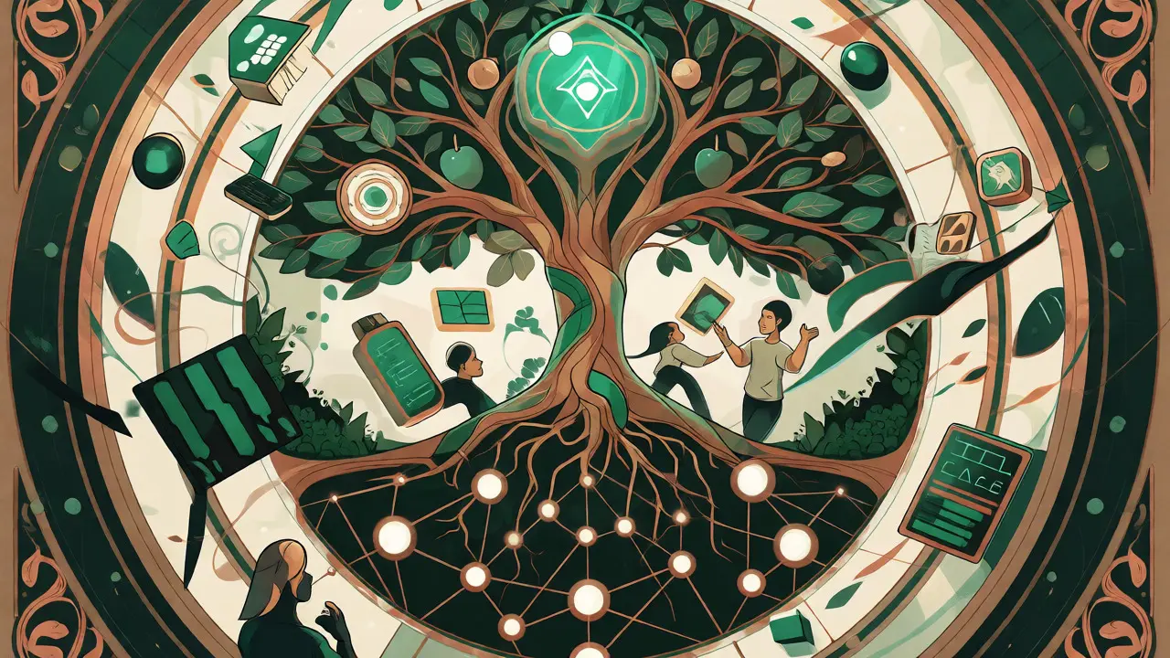Árbol estilizado con raíces en nodos de red y figuras abstractas interactuando en estilo Art Nouveau.