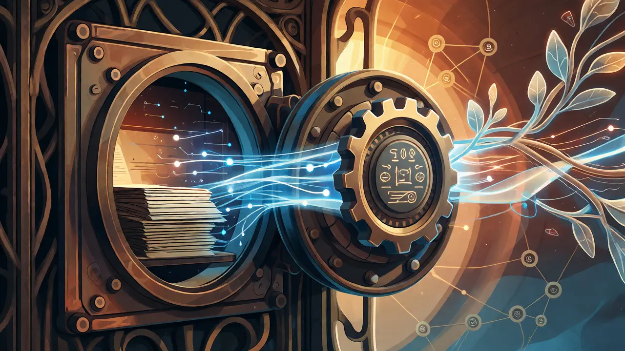 Arte estilo Art Nouveau mostrando bóveda física conectada a red digital de tokens