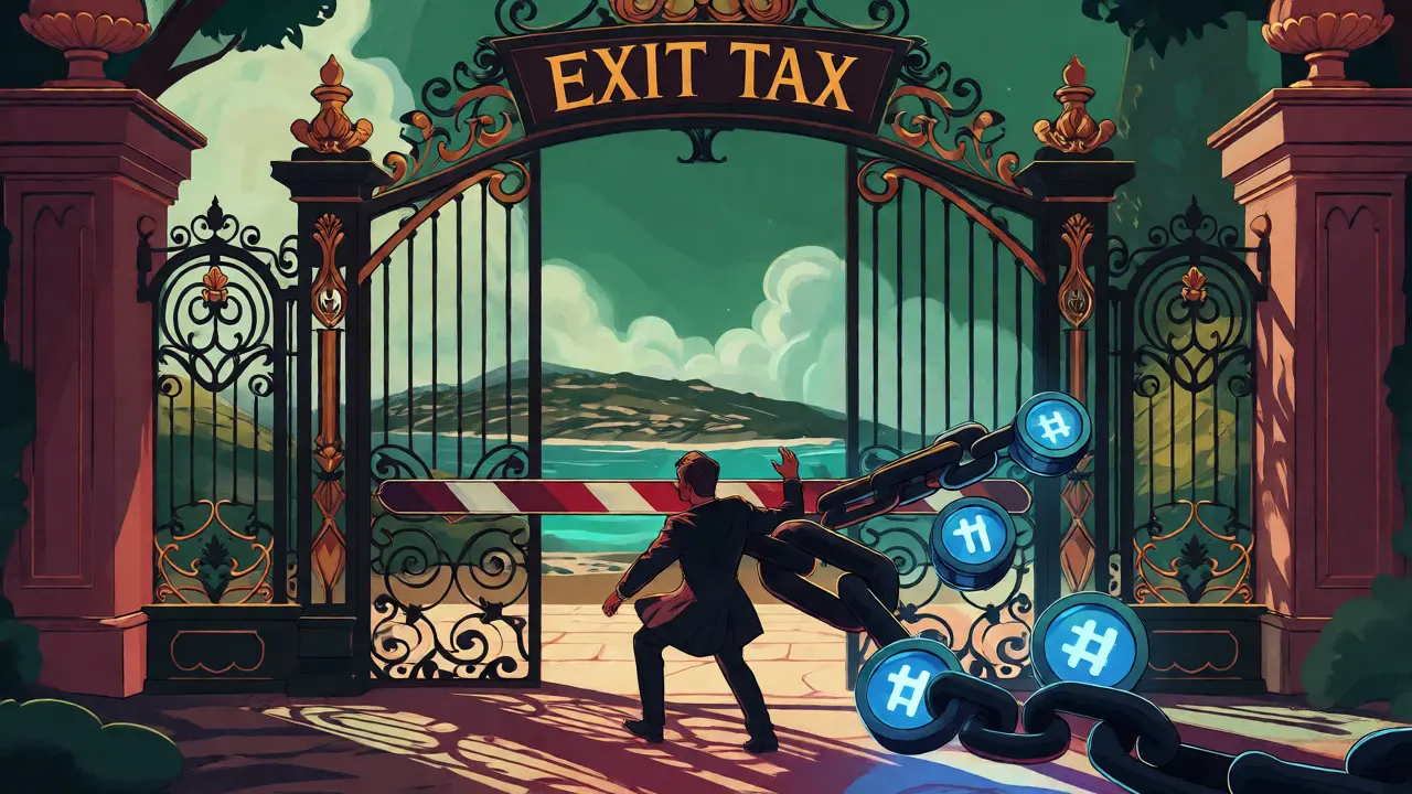 Arte estilo Art Nouveau mostrando las cadenas del impuesto de salida en criptomonedas.