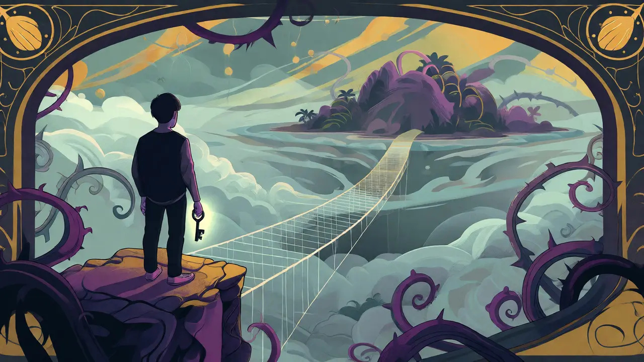 Arte ilustrativo de un usuario cruzando un puente frágil hacia una isla neblina representando Panamá.