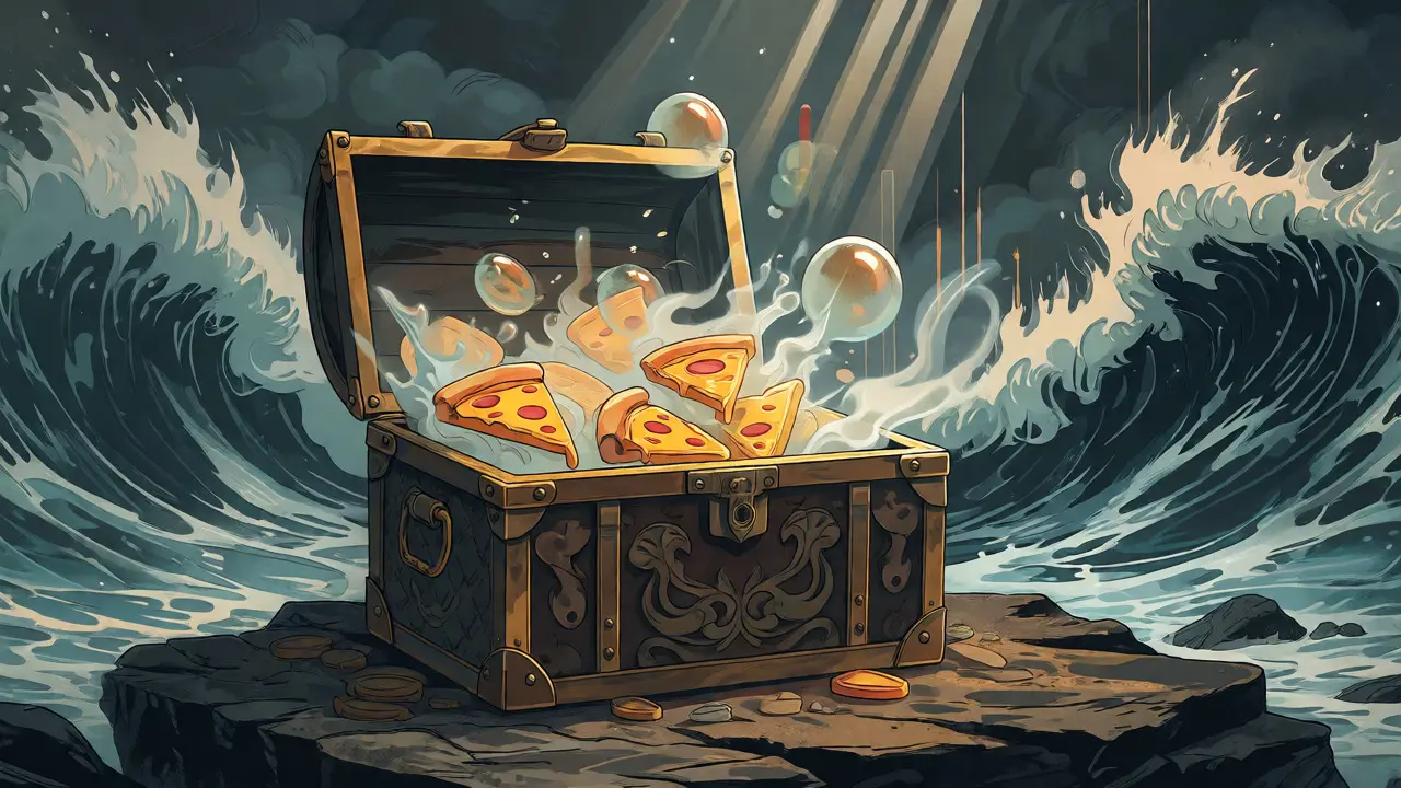 Cofre del tesoro abierto con burbujas de pizza desvaneciéndose frente a un mar tormentoso.