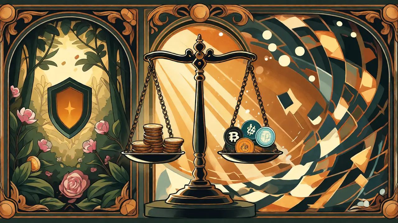 Composición equilibrada estilo Art Nouveau mostrando seguridad bancaria frente a volatilidad del mercado cripto.