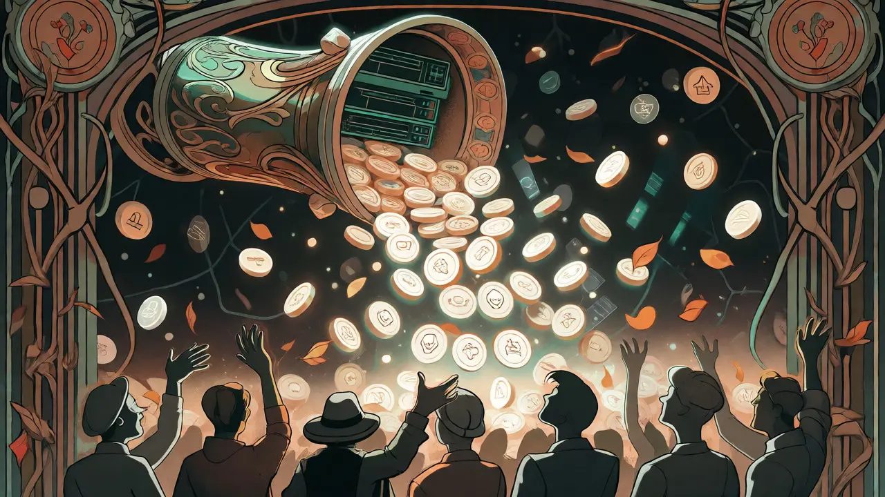 Cornucopia digital derramando fichas de token sobre figuras estilizadas en estilo Art Nouveau.