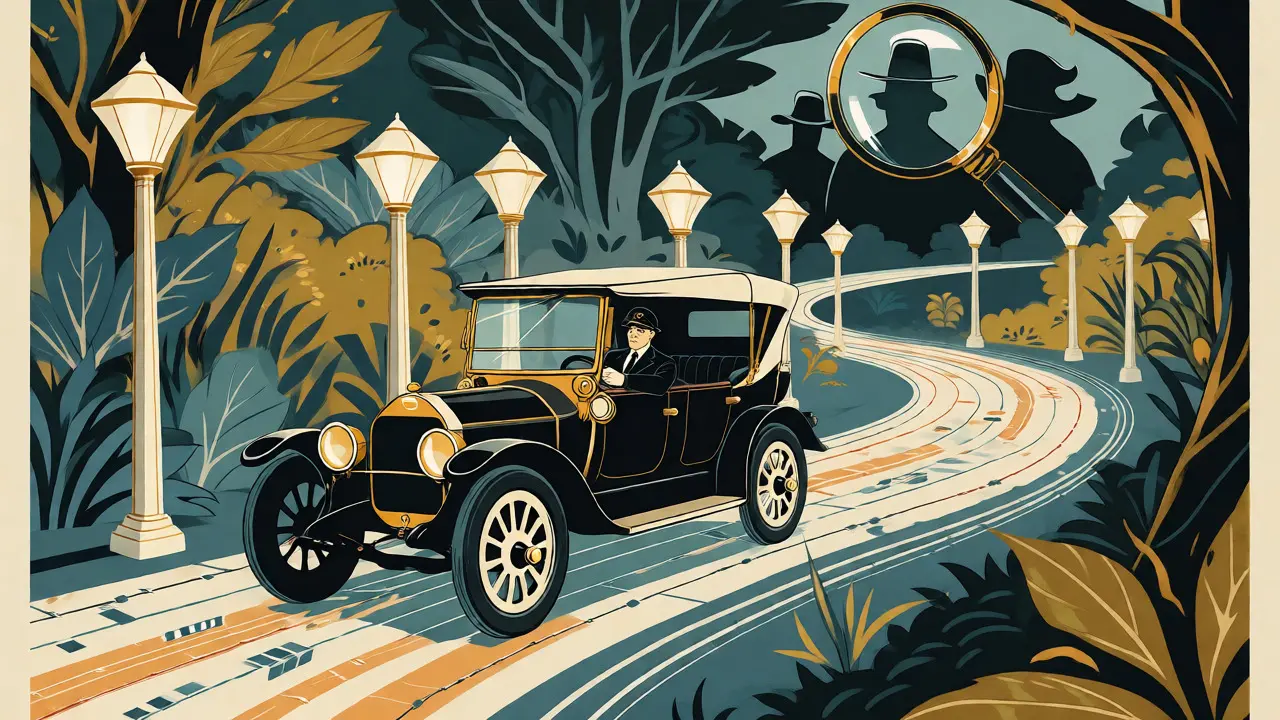 Dibujo estilo cartel antiguo de un coche circulando por una carretera digital ordenada