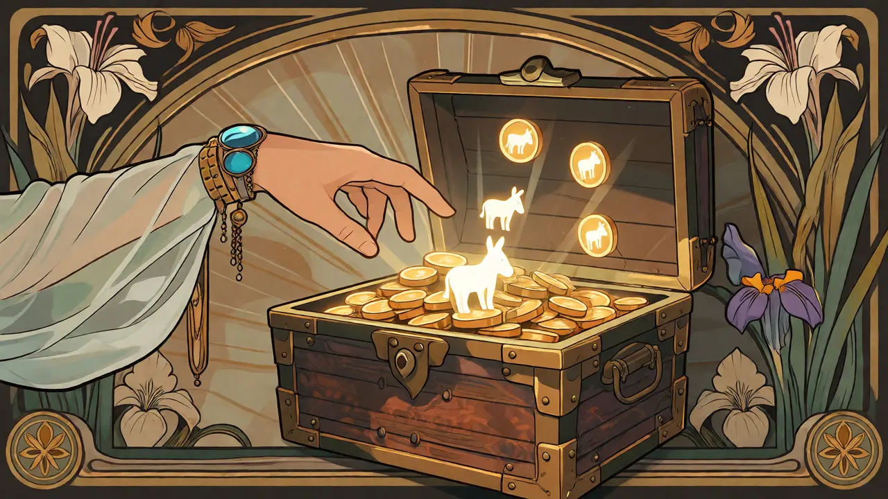 Escena estilo Art Nouveau con un cofre lleno de monedas digitales en forma de burro.
