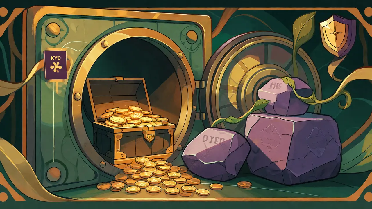 Escena estilo Art Nouveau mostrando una bóveda segura con monedas y elementos de verificación.