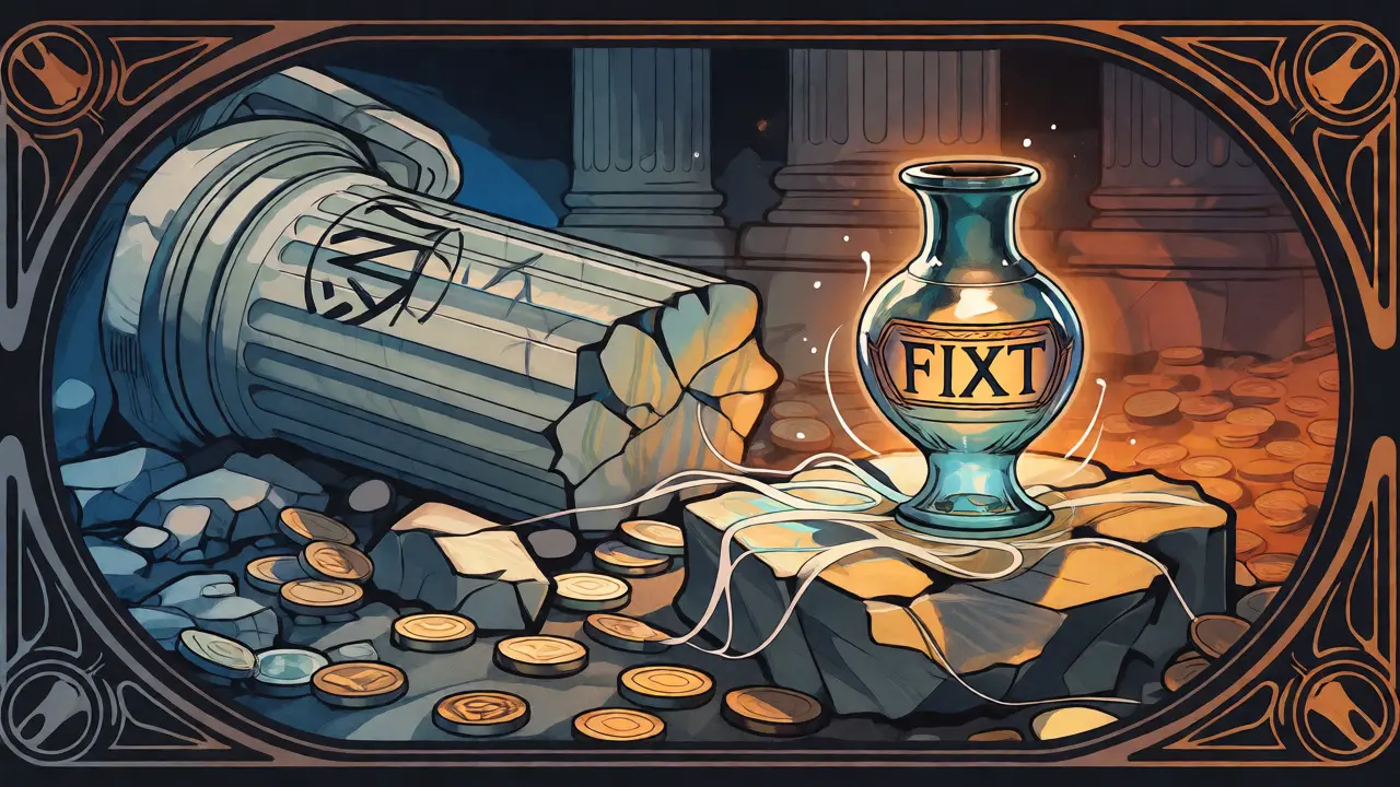 Escena ilustrada estilo Art Nouveau mostrando los escombros de FTX y una nueva plataforma frágil.