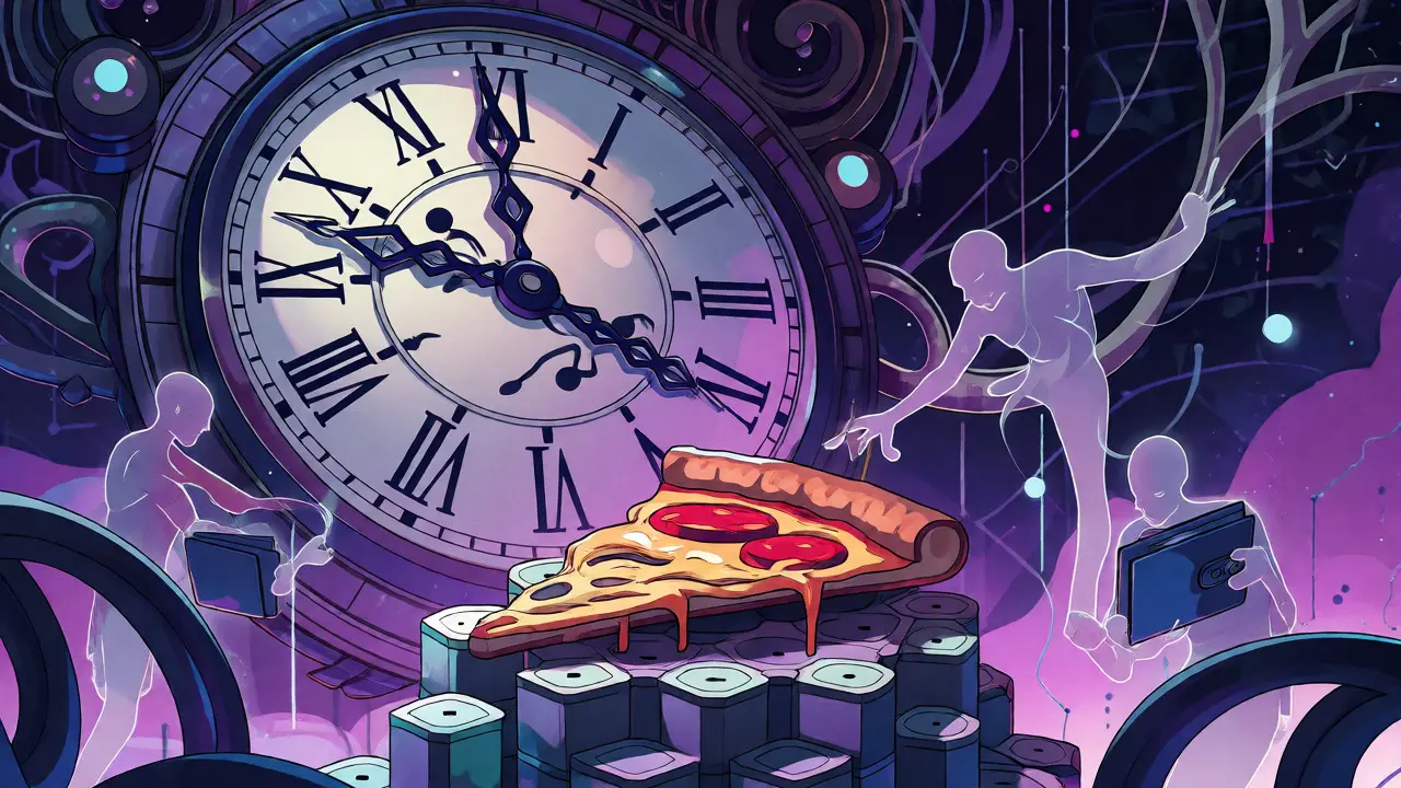 Escena surrealista de una porción de pizza sobre nodos de blockchain con figuras fantasmales alrededor.
