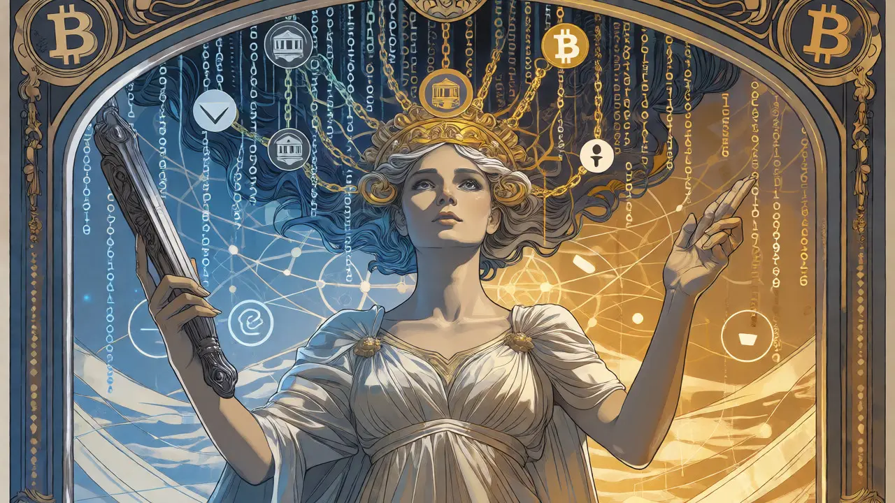 Figura femenina Art Nouveau reflejando la trazabilidad de las transacciones cripto