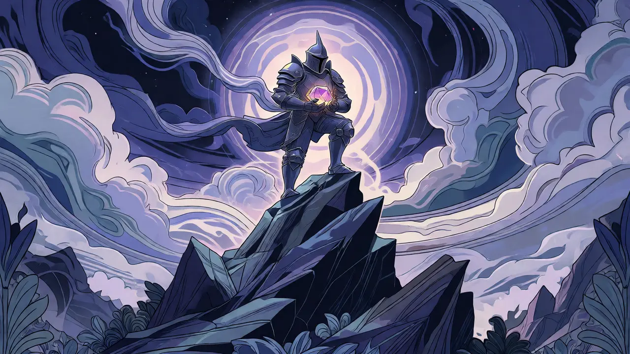 Figura firme sosteniendo una gema brillante mientras el viento caótico rodea la escena en estilo Art Nouveau.