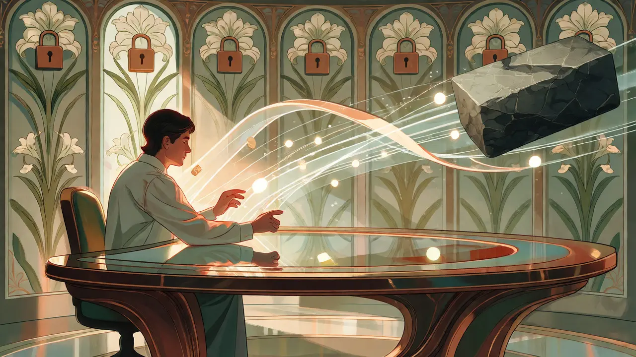 Figura interactuando con una red blockchain holográfica rápida y segura en estilo Art Nouveau