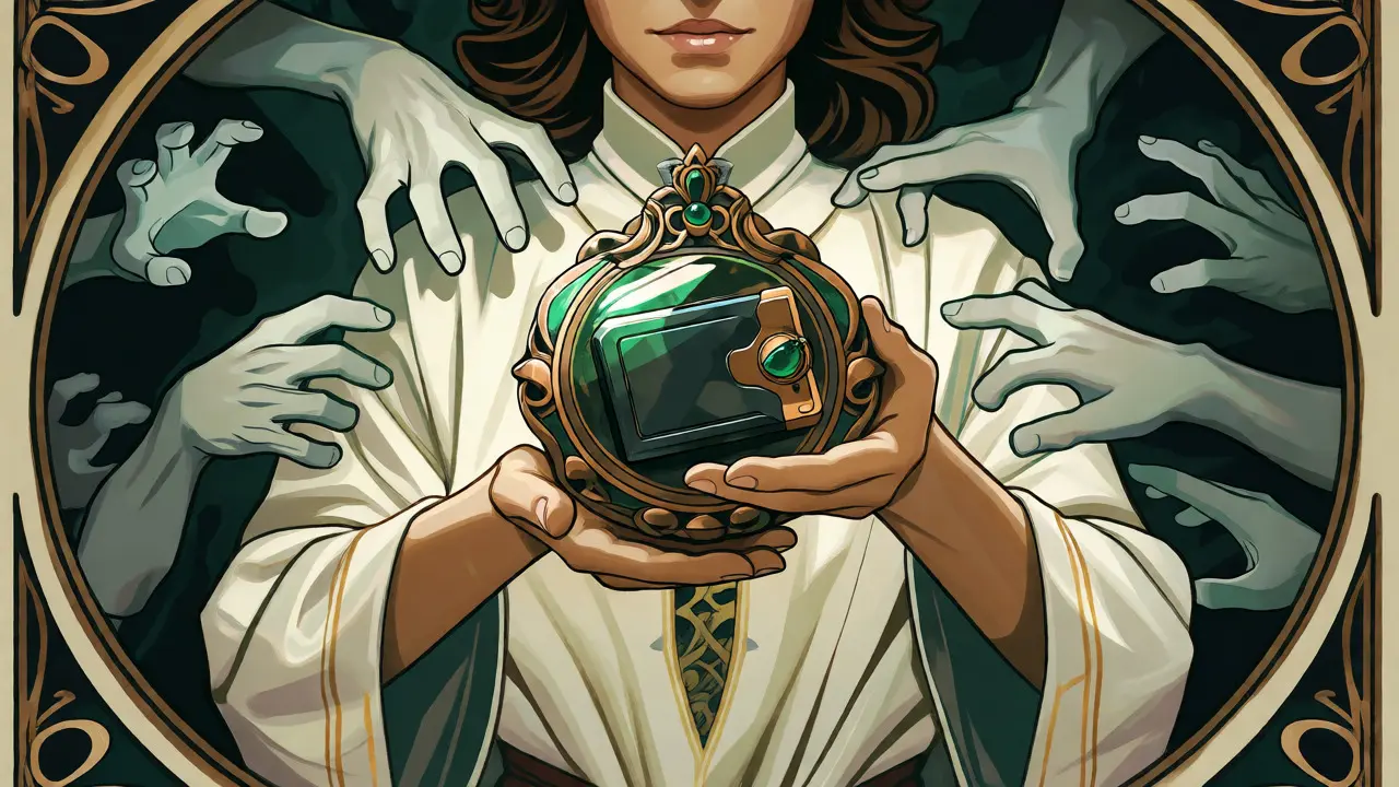 Figura sosteniendo una hardware wallet protegida de amenazas en estilo Art Nouveau.