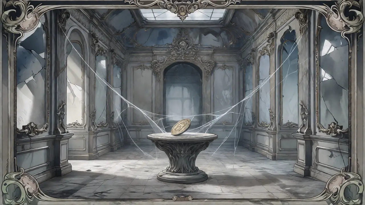 Galería virtual abandonada y polvorienta con un único token en un pedestal, estilo Art Nouveau melancólico.
