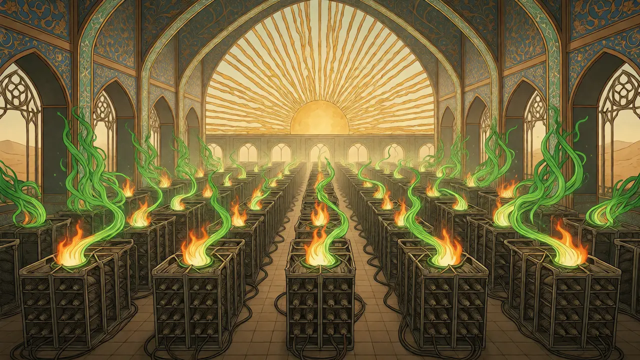 Granja de minería de Bitcoin en Irán estilo Art Nouveau con maquinaria y energía floral.