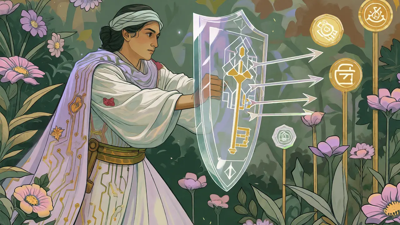 Guardián con escudo de cristal protegiendo monedas digitales en estilo Art Nouveau.