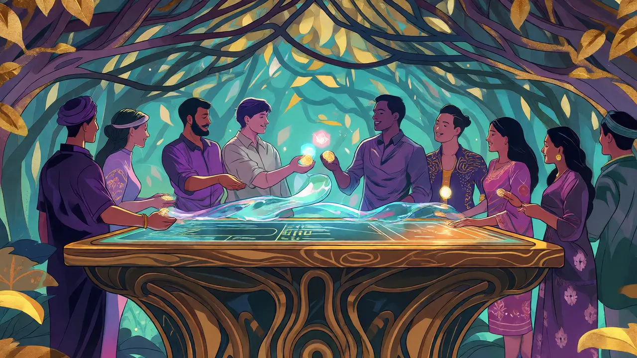 Ilustración Art Nouveau de personas globales intercambiando tokens en mesa ornamental
