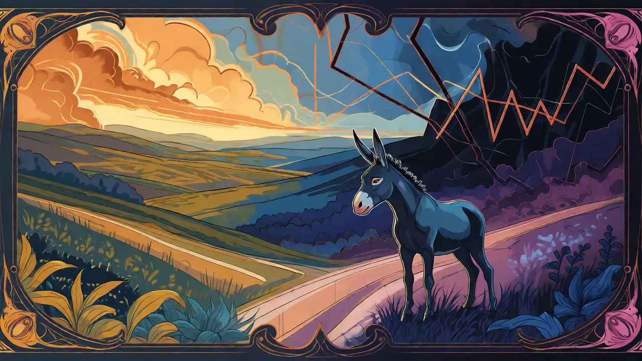Ilustración Art Nouveau de un burro en una encrucijada entre estabilidad y volatilidad del mercado.