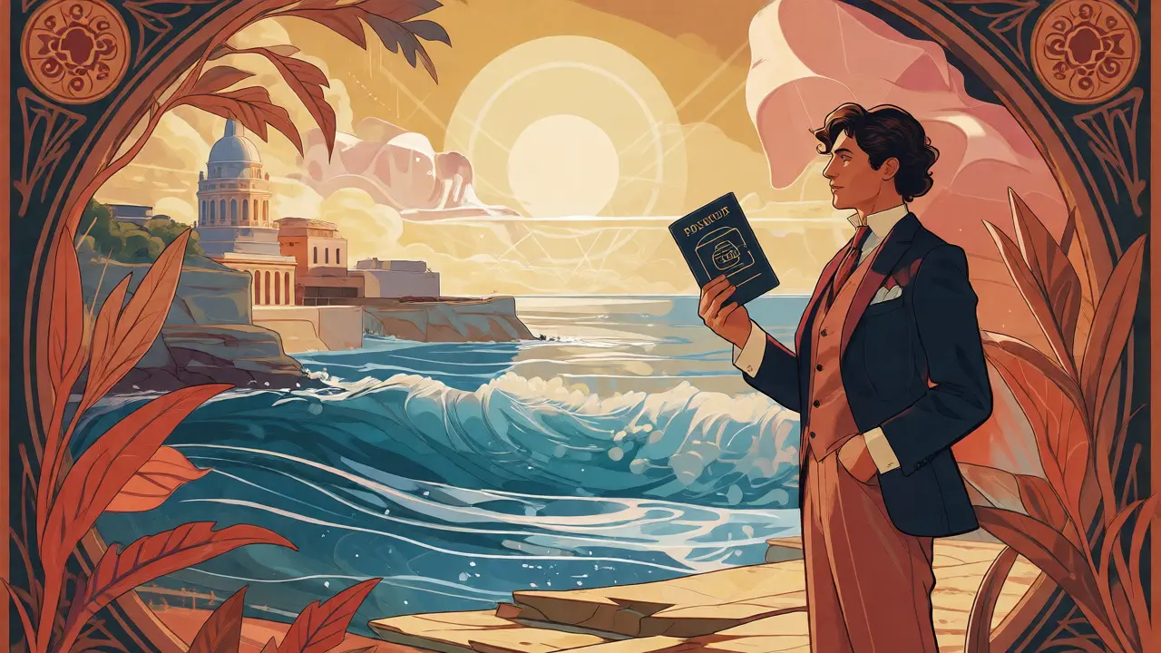 Ilustración Art Nouveau de un expatriado fiscal disfrutando su nueva vida en el Mediterráneo.