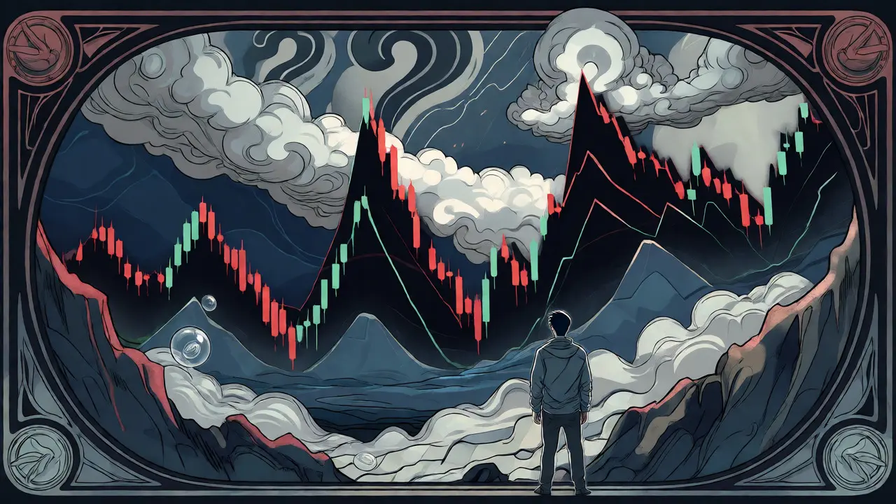 Inversionista frente a montañas volátiles de gráficos de precios en estilo ilustrativo