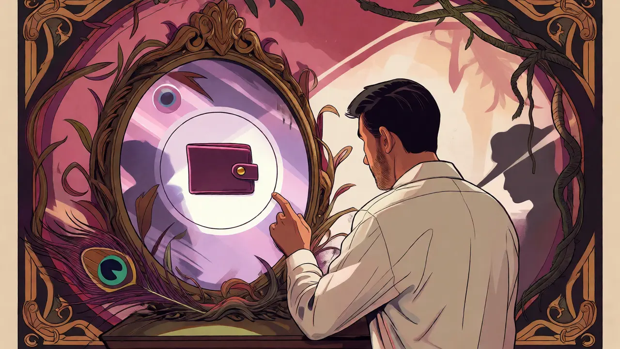 Inversor cauteloso frente a un espejo decorativo que refleja la conexión segura de una cartera cripto.