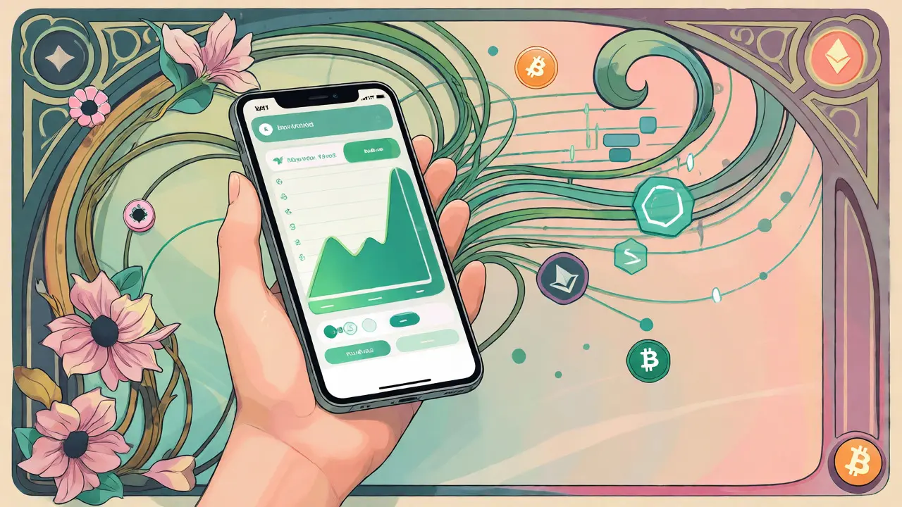 Mano sosteniendo un móvil con interfaz sencilla de criptomonedas rodeada de líneas orgánicas y flores.