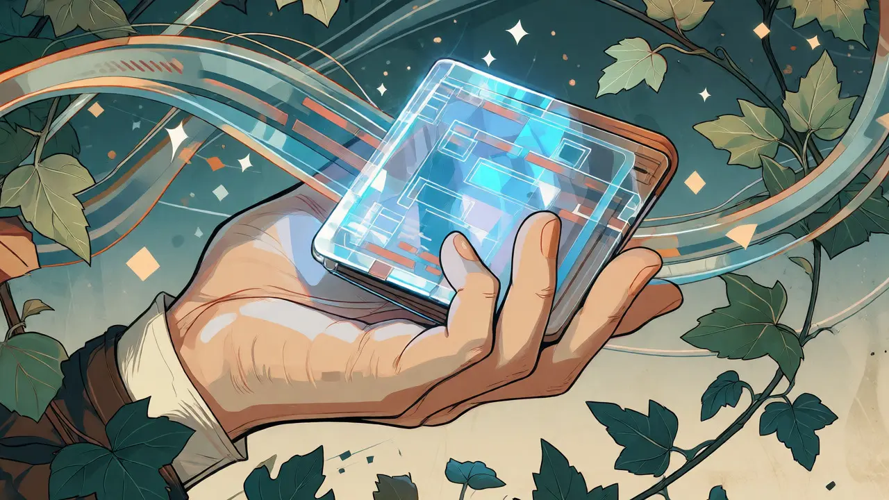 Mano sosteniendo una billetera digital con hojas de hiedra estilizadas