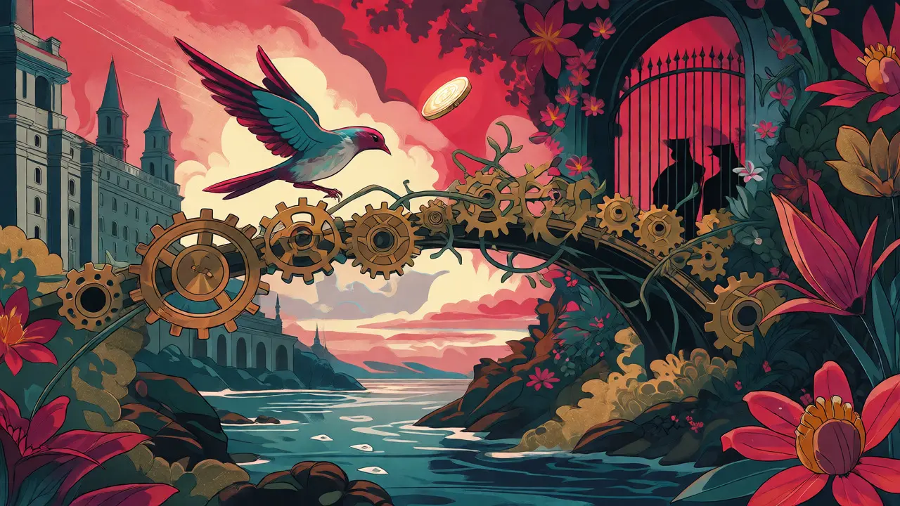 Puente de engranajes y flores conectando finanzas tradicionales con nuevos proyectos cripto en ilustración.