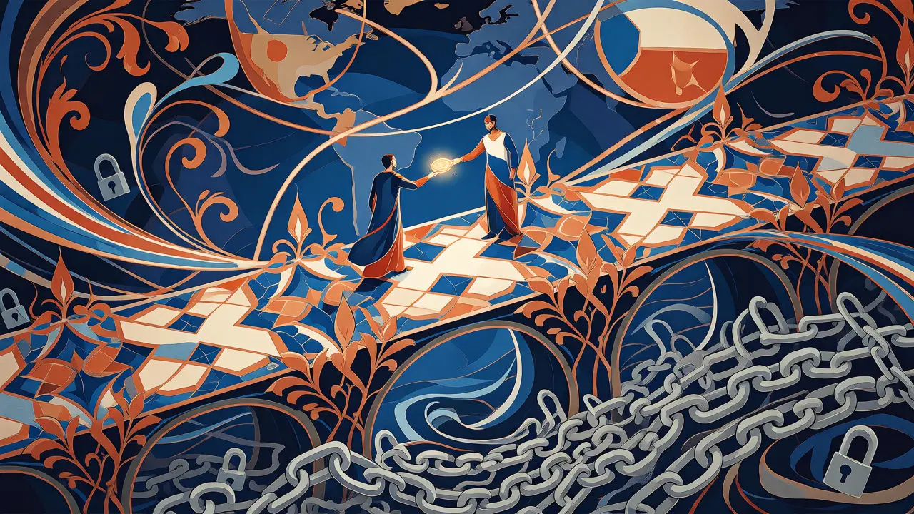 Puente digital Art Nouveau conectando exportadores iraníes con socios internacionales sobre cadenas rotas.