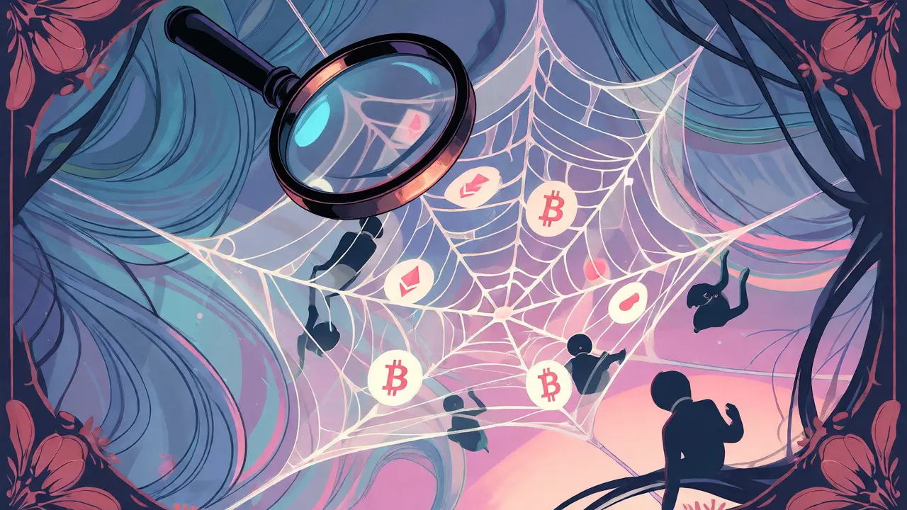 Red frágil de criptomonedas y cartas bajo una lupa en estilo Art Nouveau.