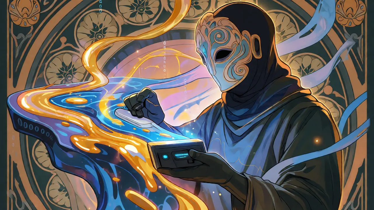 Trader enmascarado interactuando con un pool de liquidez líquido y dorado en estilo Art Nouveau.